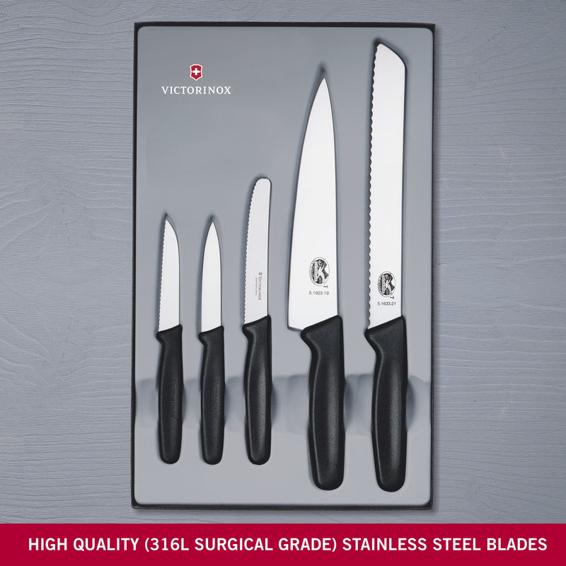 Victorinox 5 Pc Knife Set - Stainless Steel Cutting, Chopping & Peeling Knives, Black, Swiss Made