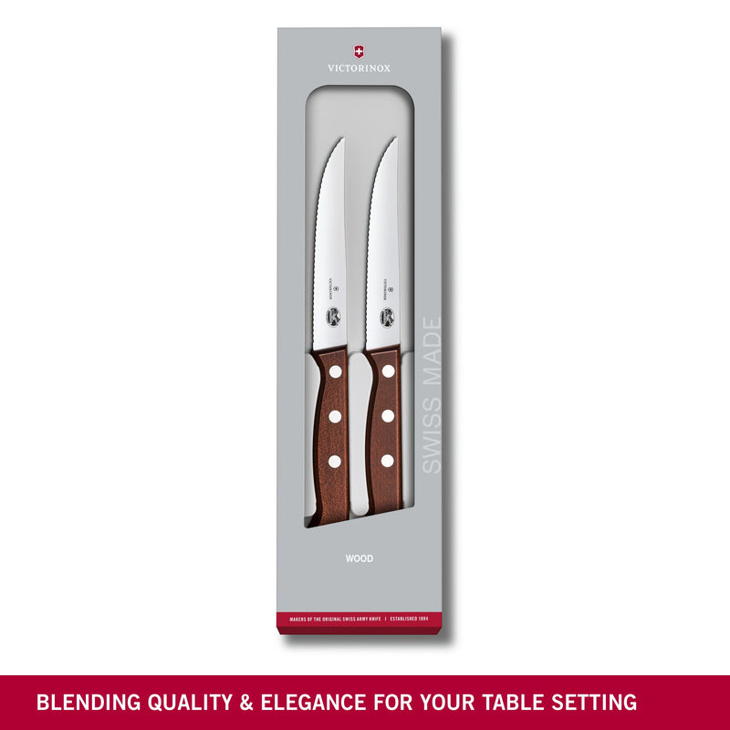 Victorinox set of 2, Steak & Pizza Knives for Vegetable Chopping, Wavy Edge, 12 cm, Maple Wood, Swiss Made
