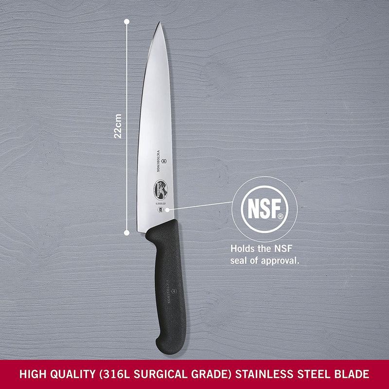 Victorinox Swiss Fibrox Stainless Steel Carving Knife, Straight Blade, Black, 22 cm, Swiss Made