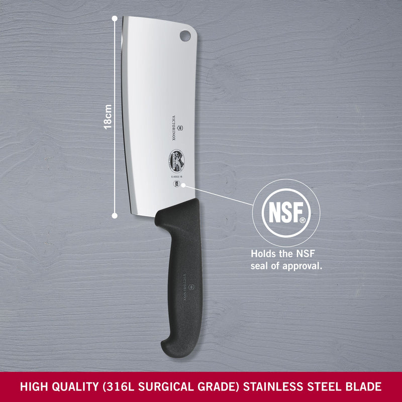 Victorinox Fibrox Handle Stainless Steel Kitchen Cleaver,Straight Edge, 18 cm, Black, Swiss Made