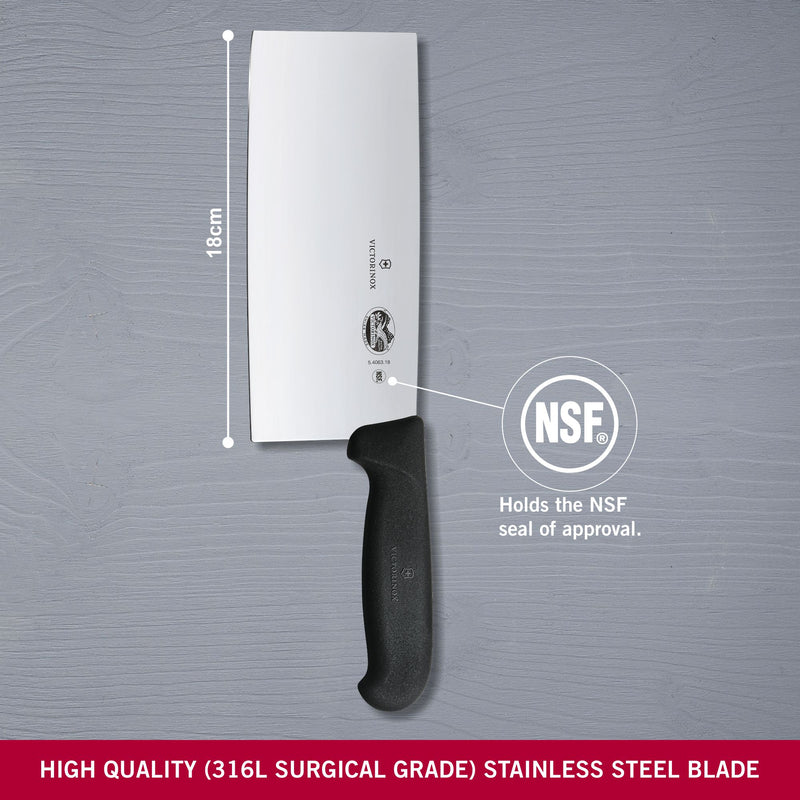 Victorinox Fibrox Handle Stainless Steel Kitchen Cleaver,Straight Edge, 18 cm, Black, Swiss Made