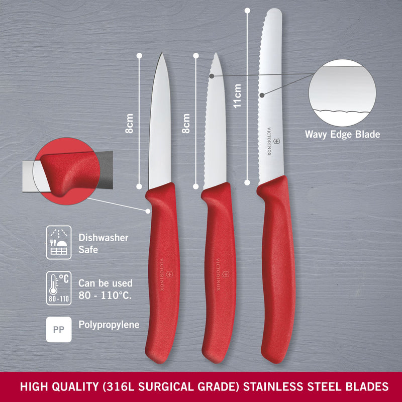 Victorinox Swiss Classic Paring Knife Set of 3, 11 + 8 + 8 Cm, Red