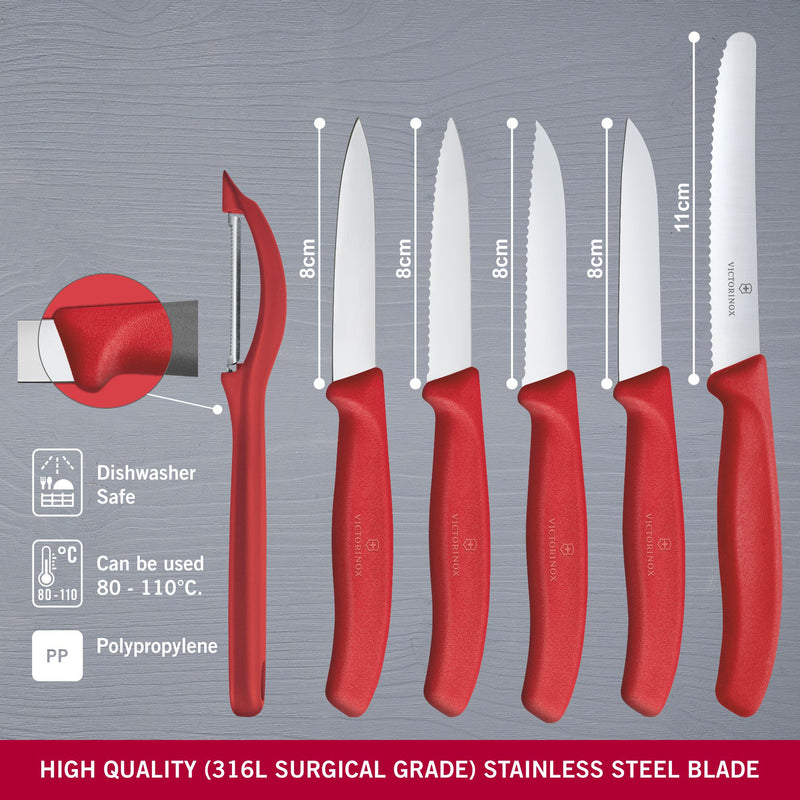 Victorinox Swiss Classic Set of 6 Knife Set - Stainless Steel Paring Knives, Red, Swiss Made