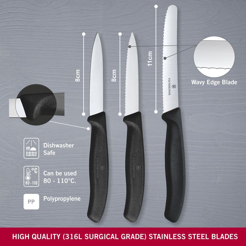 Victorinox 'Swiss Classic' Stainless Steel Knife Set of 3-11/8/8 cm Serrated & Straight Edge, Black