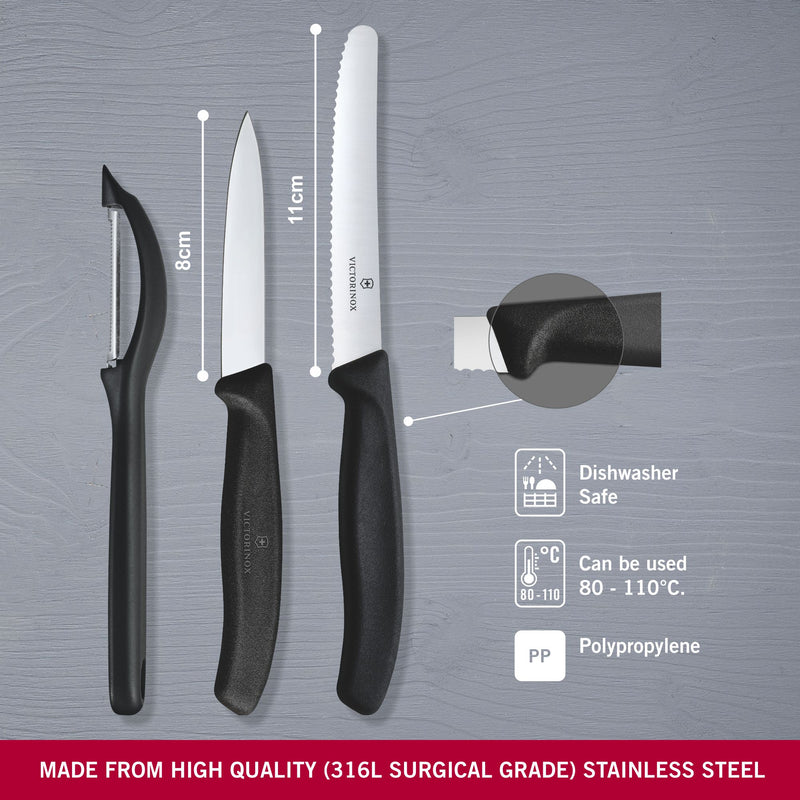 Victorinox Swiss Classic Stainless Steel Knife Set-11/8 cm Wavy/Straight Edge,Universal Peeler,Black