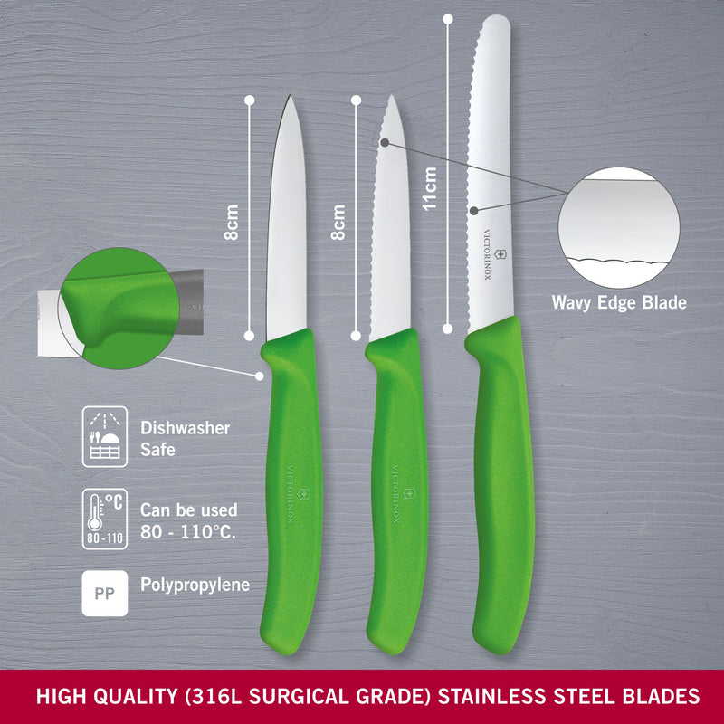 Victorinox 'Swiss Classic' Stainless Steel Knife Set of 3-11/8/8 cm Serrated & Straight Edge,Green