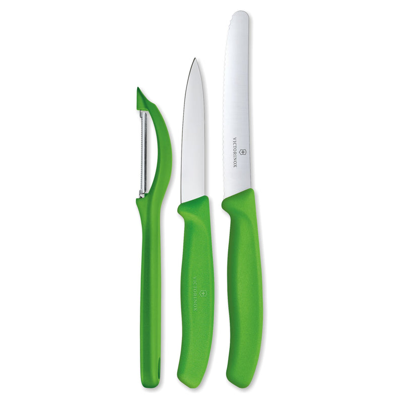 Victorinox Stainless Steel Kitchen Knife Set of 3,"Swiss Classic" - 11 cm Wavy Edge, 8 cm Straight Edge and a Universal Peeler, Green, Swiss Made