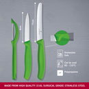 Victorinox Swiss Made Stainless Steel Kitchen Knife Set of 3,"Swiss Classic" - 11 cm Wavy Edge, 8 cm Straight Edge and a Universal Peeler, Green