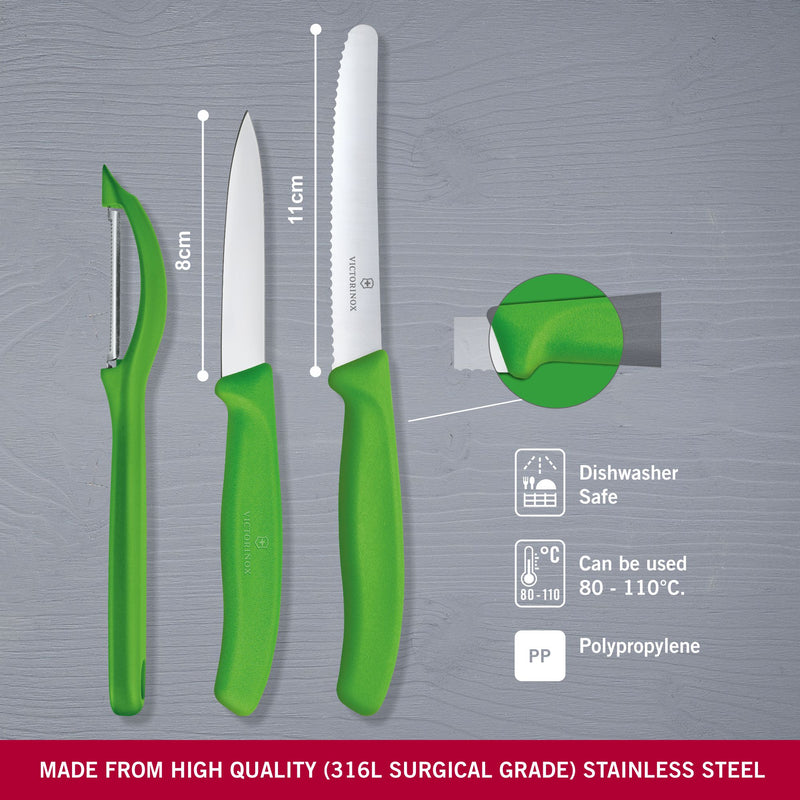 Victorinox Stainless Steel Kitchen Knife Set of 3,"Swiss Classic" - 11 cm Wavy Edge, 8 cm Straight Edge and a Universal Peeler, Green, Swiss Made