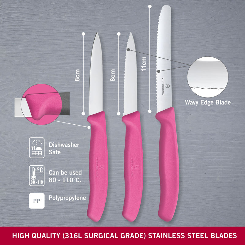 Victorinox 'Swiss Classic' Stainless Steel Knife Set of 3-11/8/8 cm Serrated & Straight Edge,Pink