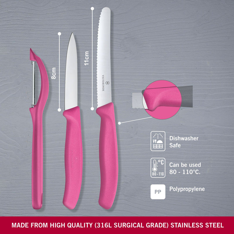 Victorinox Stainless Steel Kitchen Knife Set of 3,"Swiss Classic" - 11 cm Wavy Edge, 8 cm Straight Edge and a Universal Peeler, Pink, Swiss Made