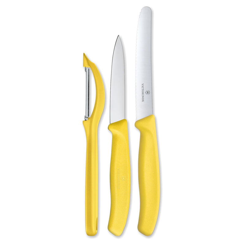 Victorinox Swiss Classic Kitchen Knife Set of 3-11/8 cm Wavy/Straight Edge,Universal Peeler,Yellow