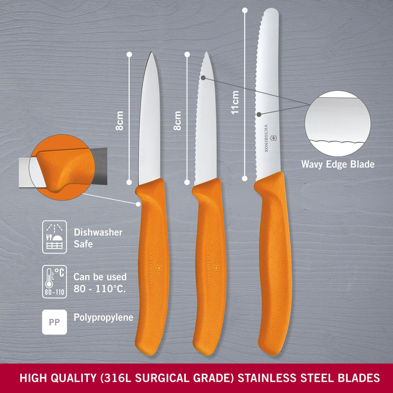 Victorinox 'Swiss Classic' Stainless Steel Knife Set of 3-11/8/8 cm Serrated & Straight Edge,Orange