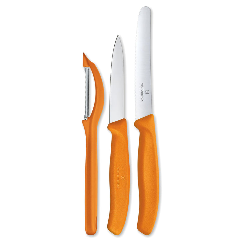 Victorinox Swiss Classic Kitchen Knife Set-11cm Wavy & 8 cm Straight Edge,Universal Peeler,Orange