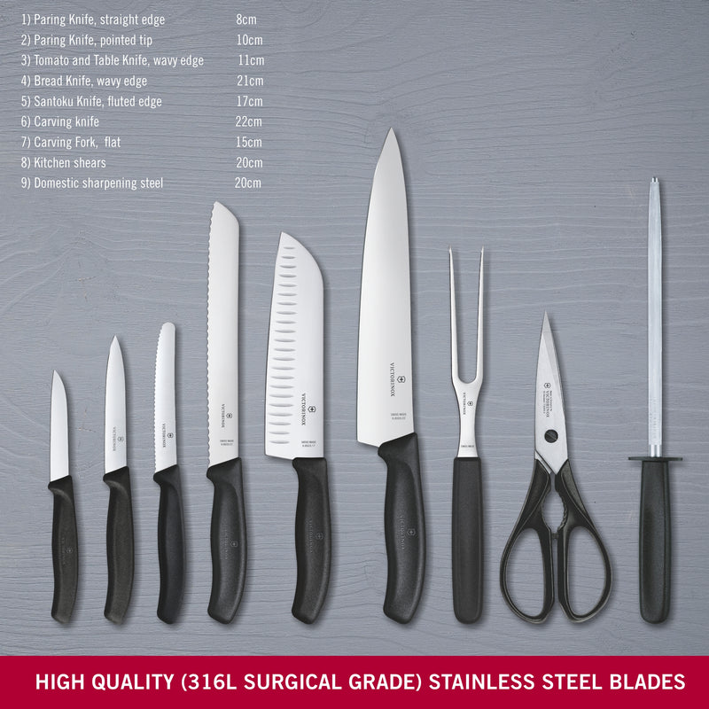 Victorinox “Swiss Classic” Set of 9 Kitchen Black Tools in a Beige Wooden Block, Swiss Made
