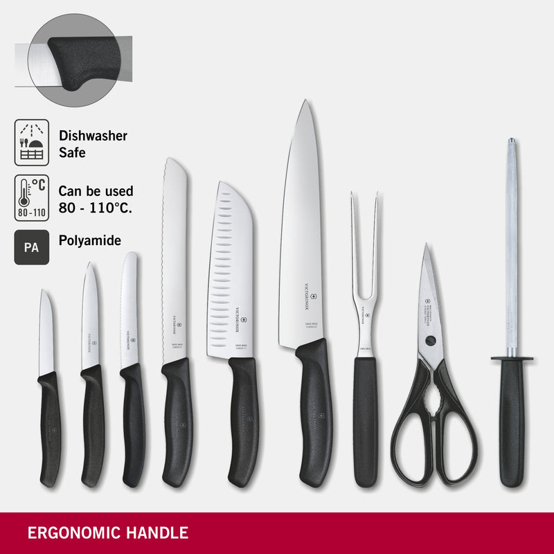 Victorinox “Swiss Classic” Set of 9 Kitchen Black Tools in a Beige Wooden Block, Swiss Made