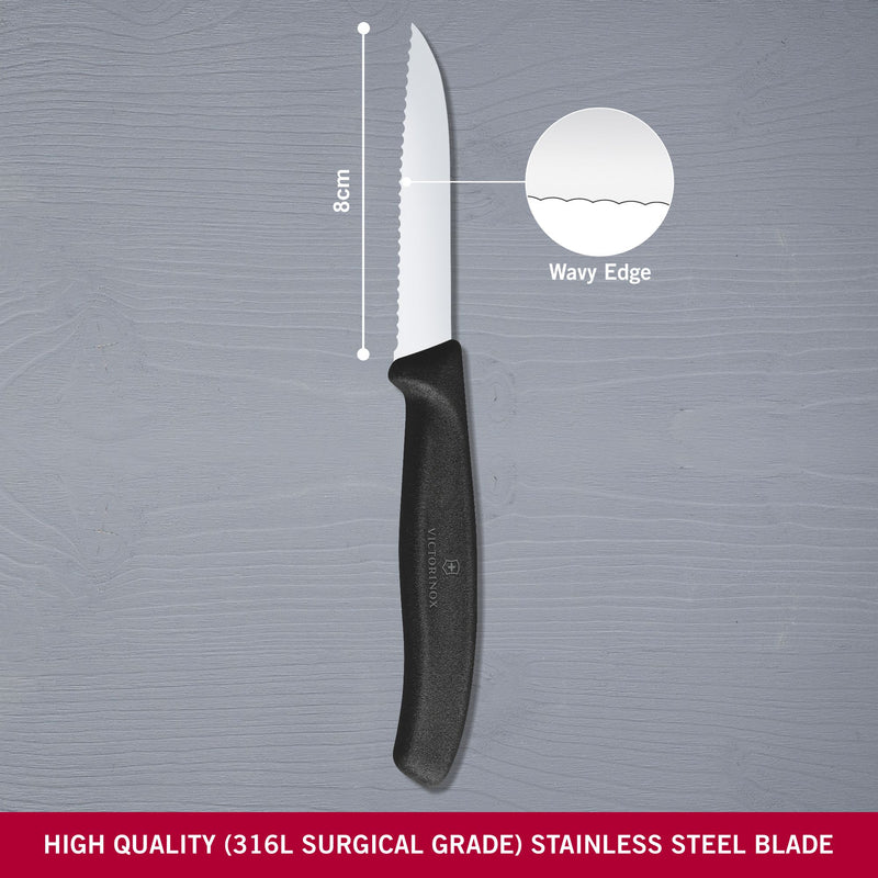 Victorinox Swiss Classic Stainless Steel Cutting & Chopping Kitchen Knife, Wavy Edge, 8 cm, Black