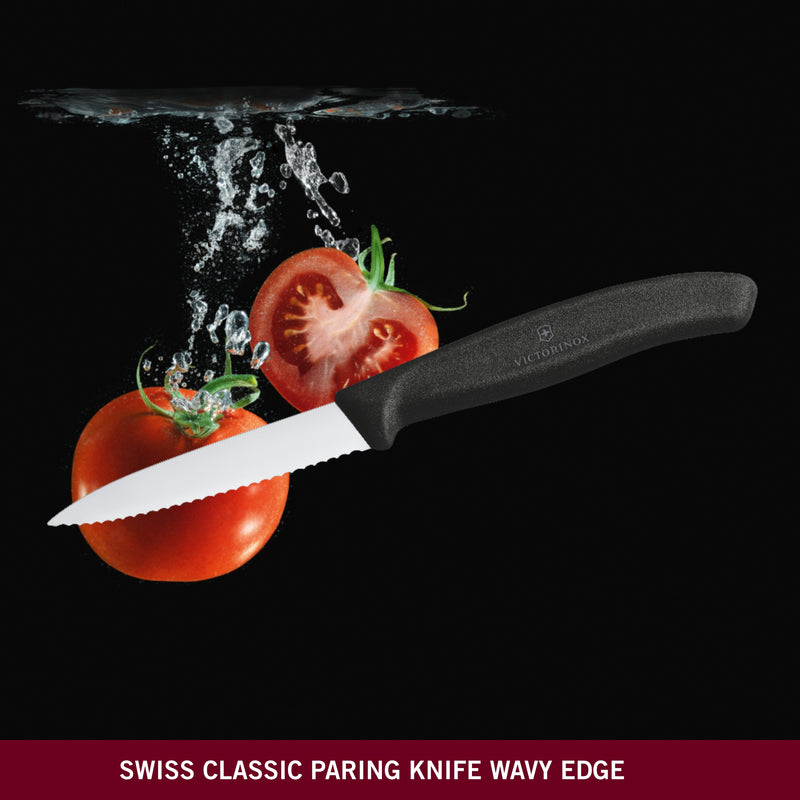 Victorinox Stainless Steel Kitchen Knife, "Swiss Classic" Wavy Edge, 8 cm, Black, Swiss Made