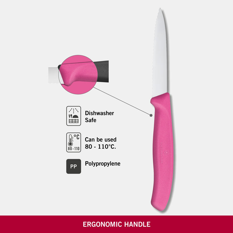 Victorinox Stainless Steel Kitchen Knife, "Swiss Classic" Wavy Edge, 8 cm, Pink, Swiss Made