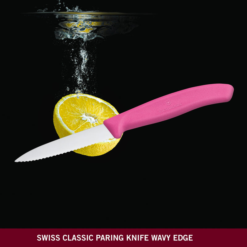 Victorinox Stainless Steel Kitchen Knife, "Swiss Classic" Wavy Edge, 8 cm, Pink, Swiss Made