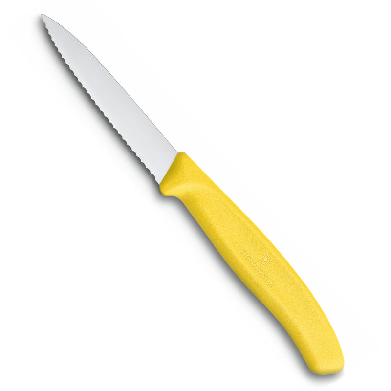 Victorinox Kitchen Knife, Stainless Steel Swiss Made Vegetable Cutting and Chopping Knife, Serrated Edge, 8 cm, Yellow