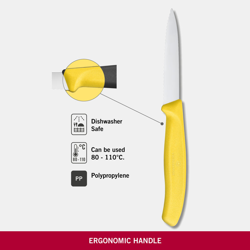 Victorinox Kitchen Knife, Stainless Steel Swiss Made Vegetable Cutting and Chopping Knife, Serrated Edge, 8 cm, Yellow