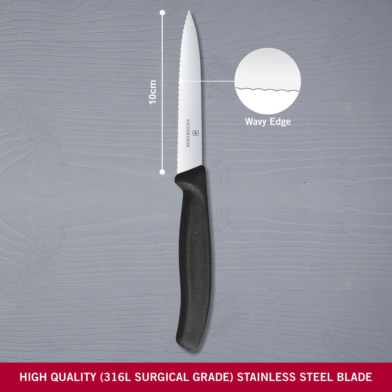 Victorinox Stainless Steel Kitchen Knife, "Swiss Classic" Serrated Edge, 10 cm, Black, Swiss Made