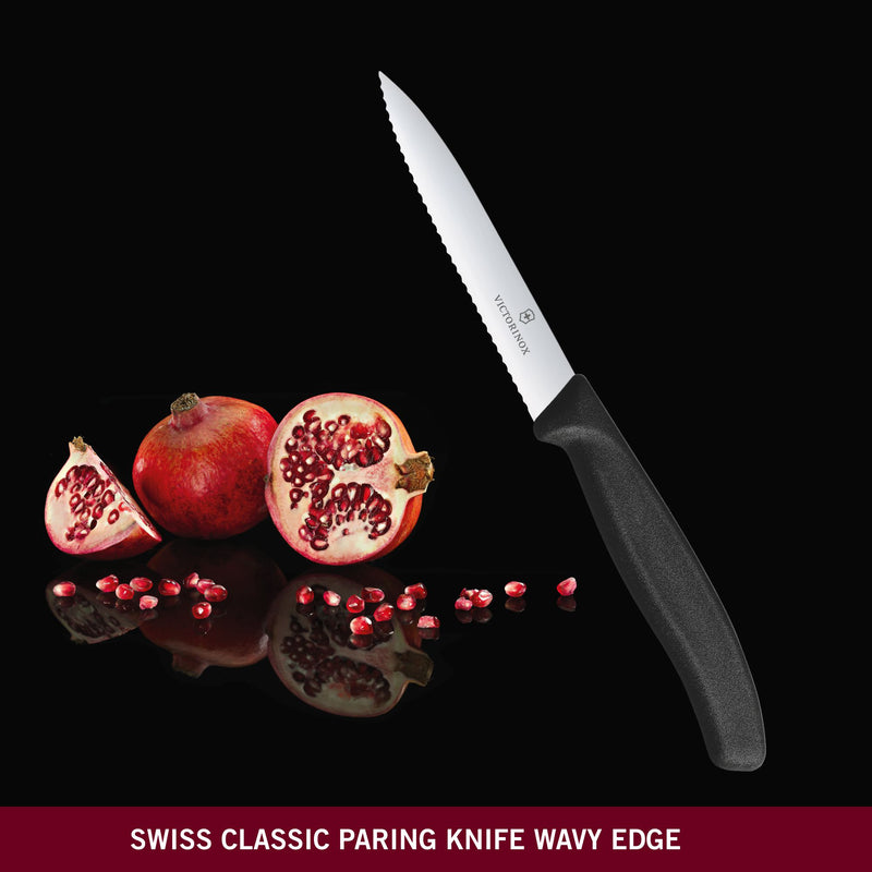 Victorinox Stainless Steel Kitchen Knife, "Swiss Classic" Serrated Edge, 10 cm, Black, Swiss Made