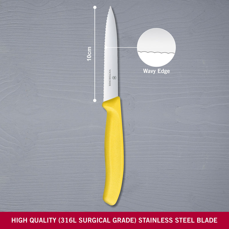 Victorinox Stainless Steel Kitchen Knife, "Swiss Classic" Serrated Edge, 10 cm, Yellow, Swiss Made