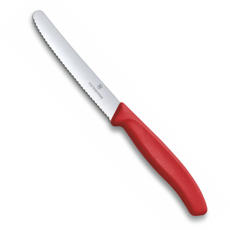 Victorinox Stainless Steel Kitchen Knife,"Swiss Classic" 11 cm Round Tip Wavy Edge, Red, Swiss Made