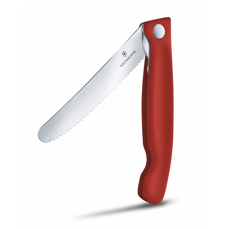 Victorinox "Swiss Classic" Folding Knife,11 cm Round Tip Wavy Edge, Red,Swiss Made
