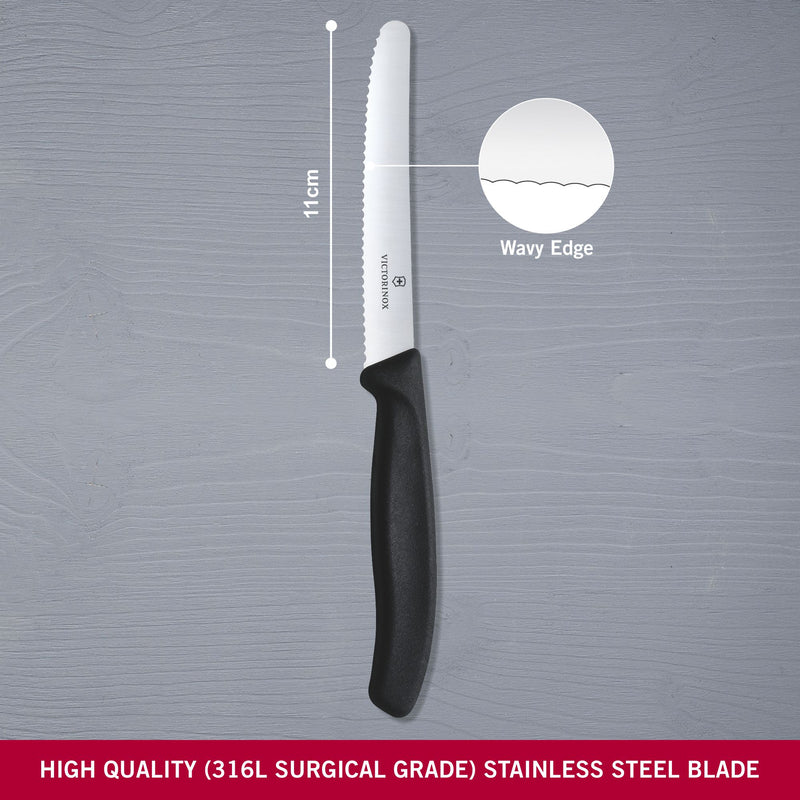 Victorinox Stainless Steel  Multipurpose Kitchen Knife, Serrated Edge,11 cm, Black, Swiss Made