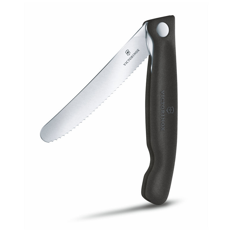 Victorinox "Swiss Classic" Folding Knife,11cm Round Tip Wavy Edge ,Black,Swiss Made