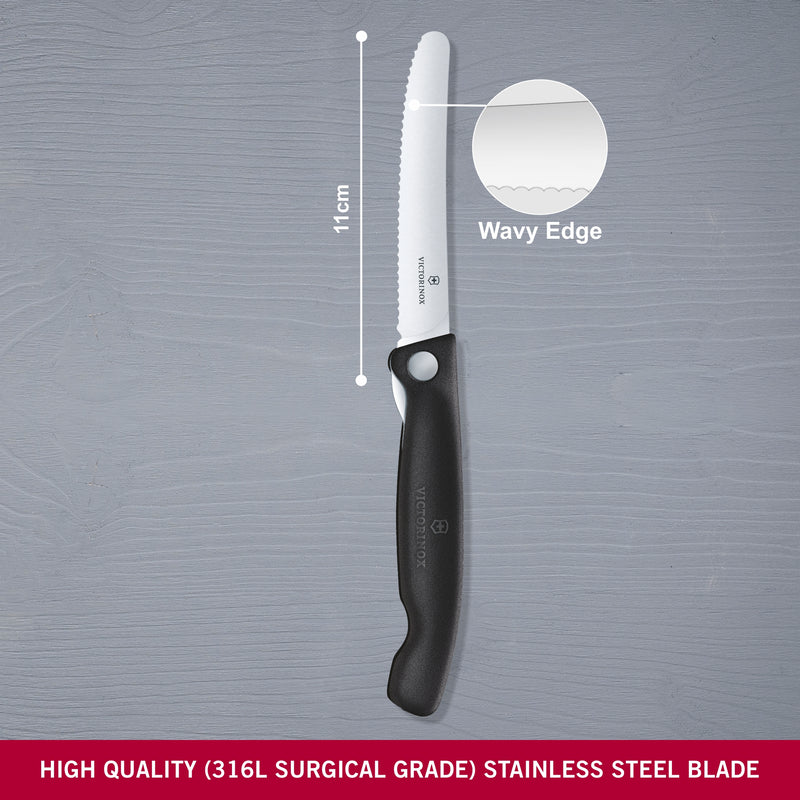 Victorinox "Swiss Classic" Folding Knife,11cm Round Tip Wavy Edge ,Black,Swiss Made