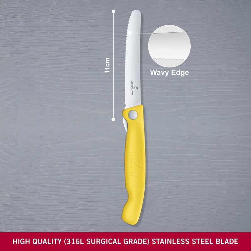 Victorinox "Swiss Classic" Folding Knife, 11cm Round Tip Wavy Edge, Yellow, Swiss Made