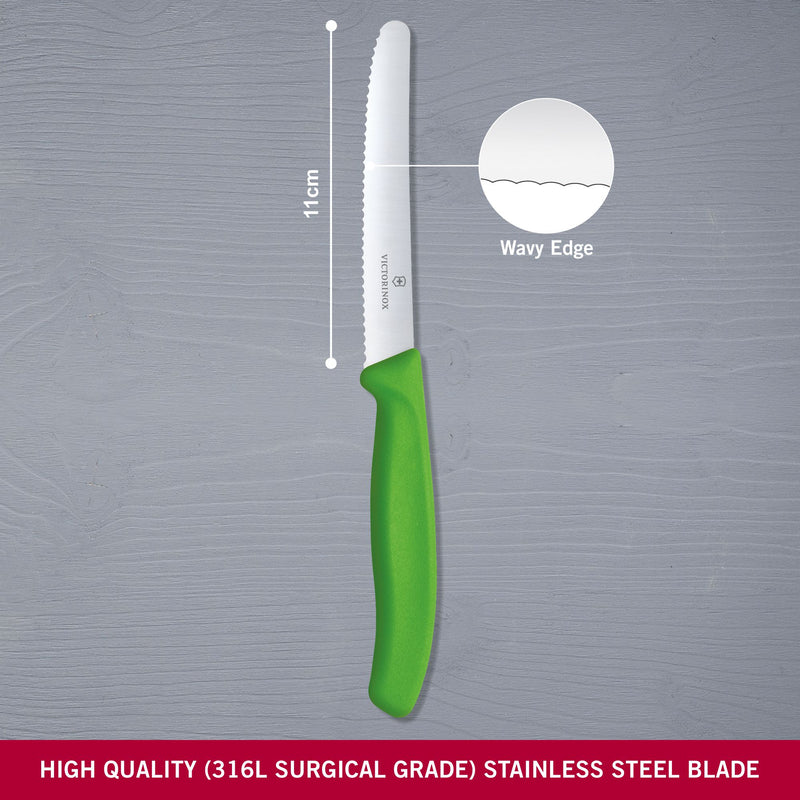 Victorinox Stainless Steel Kitchen Knife,"Swiss Classic" 11 cm Round Tip Wavy Edge,Green, Swiss Made