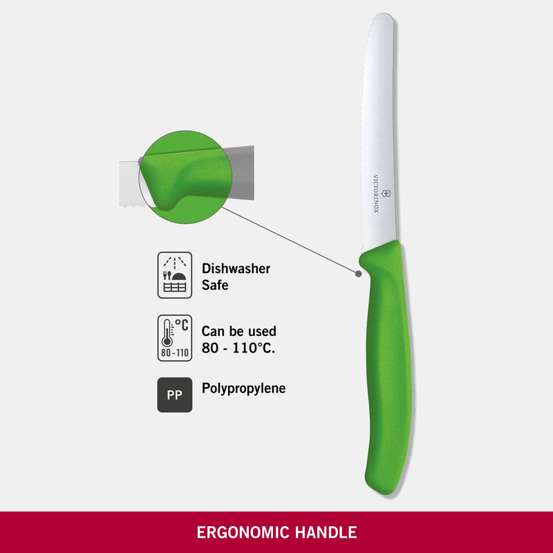 Victorinox Stainless Steel Kitchen Knife,"Swiss Classic" 11 cm Round Tip Wavy Edge,Green, Swiss Made
