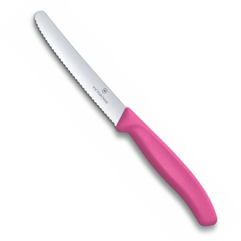 Victorinox Stainless Steel Kitchen Knife,"Swiss Classic" 11 cm Round Tip Wavy Edge,Pink, Swiss Made