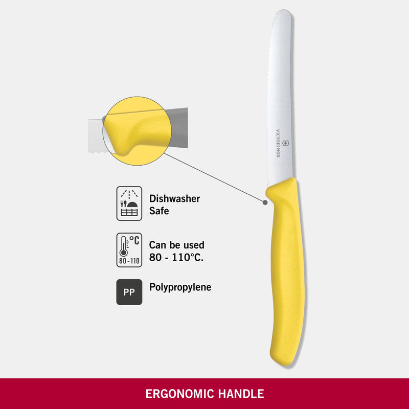 Victorinox Stainless Steel Kitchen Knife,"Swiss Classic" 11 cm Round Tip Wavy Edge,Yellow, Swiss Made