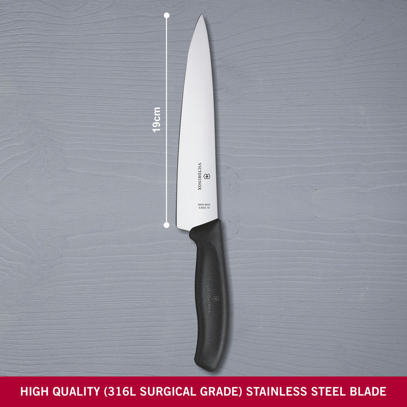 Victorinox Swiss Classic Stainless Steel Carving Knife, Straight Blade, 19 cm, Black, Swiss Made