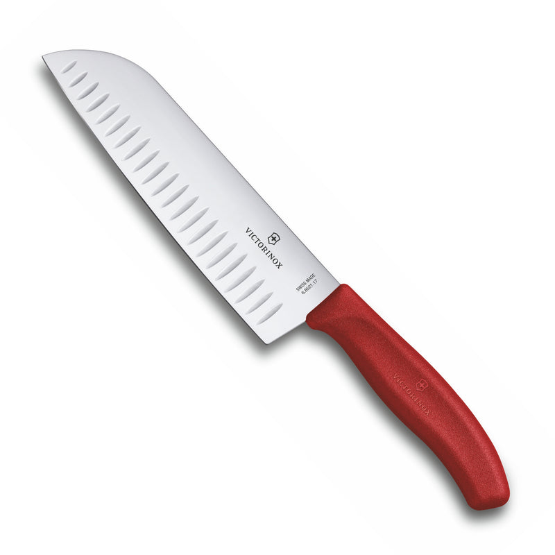 Victorinox Swiss Classic Stainless Steel Stamped Santoku Chef Knife, Fluted Edge,17 cm, Red, Swiss Made