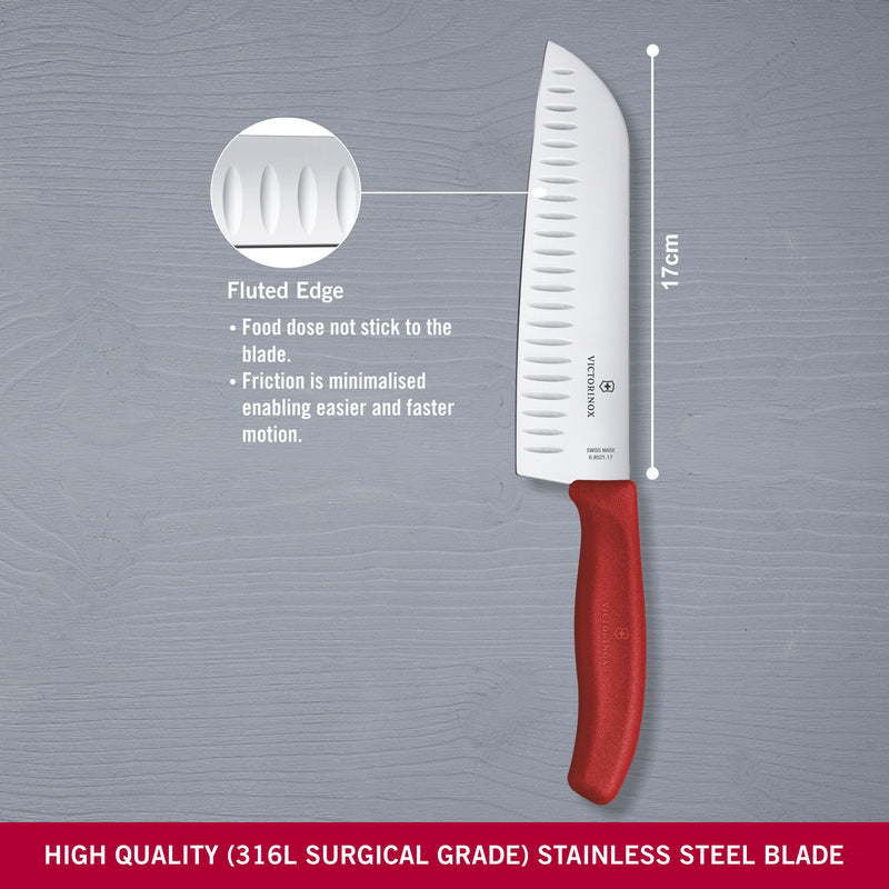 Victorinox Swiss Classic Stainless Steel Stamped Santoku Chef Knife, Fluted Edge,17 cm, Red, Swiss Made