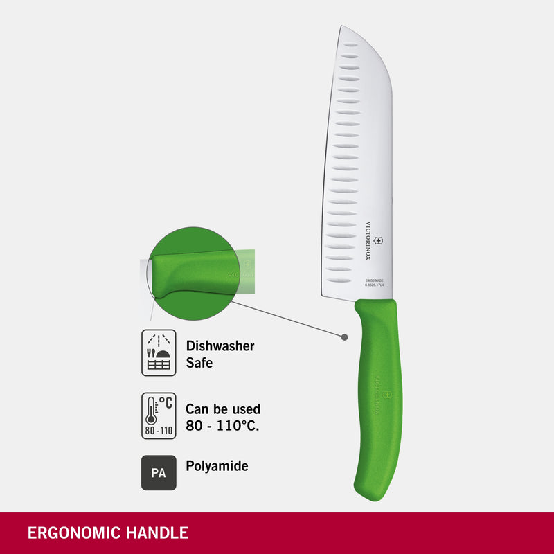 Victorinox Swiss Classic Stainless Steel Stamped Santoku Knife, Fluted Edge,17 cm, Green, Swiss Made