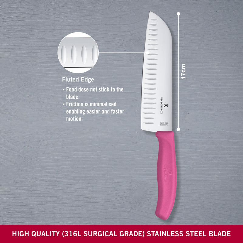 Victorinox Swiss Classic Stainless Steel Stamped Santoku Knife,Fluted Edge,17 cm, Pink, Swiss Made