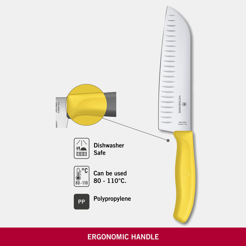 Victorinox Swiss Classic Stainless Steel Stamped Santoku Knife, Fluted Edge,17 cm, Yellow, Swiss Made