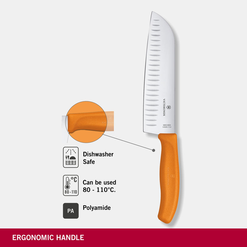 Victorinox Swiss Classic Stainless Steel Stamped Santoku Knife, Fluted Edge,17 cm, Orange, Swiss Made
