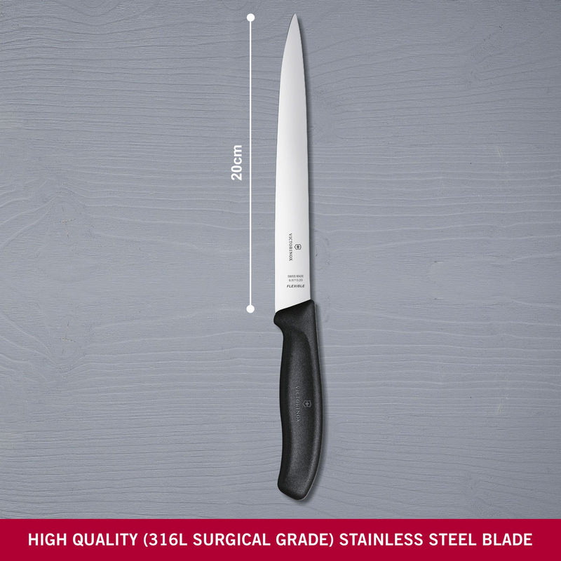 Victorinox Swiss Classic Fish Filleting Knife Stainless Steel Sharp & Flexible Chef Knife, 20cm, Black, Swiss Made