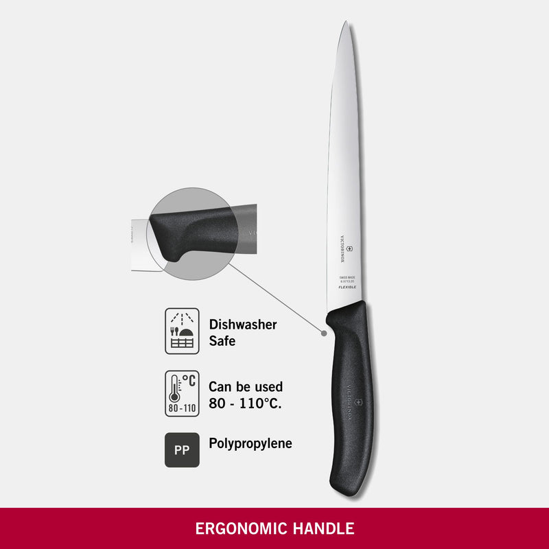 Victorinox Swiss Classic Fish Filleting Knife Stainless Steel Sharp & Flexible Chef Knife, 20cm, Black, Swiss Made