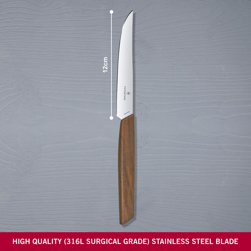 Victorinox Stainless Steel wear-resistant Steak Knife In Box, 2 Pieces, Walnut Wood, 12 cm, Swiss Made