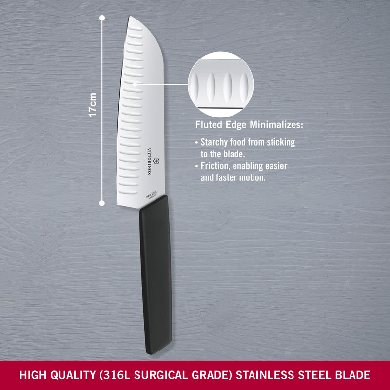 Victorinox Swiss Modern Stainless Steel Santoku Knife with Fluted Edge, 17 cm, Black, Swiss Made